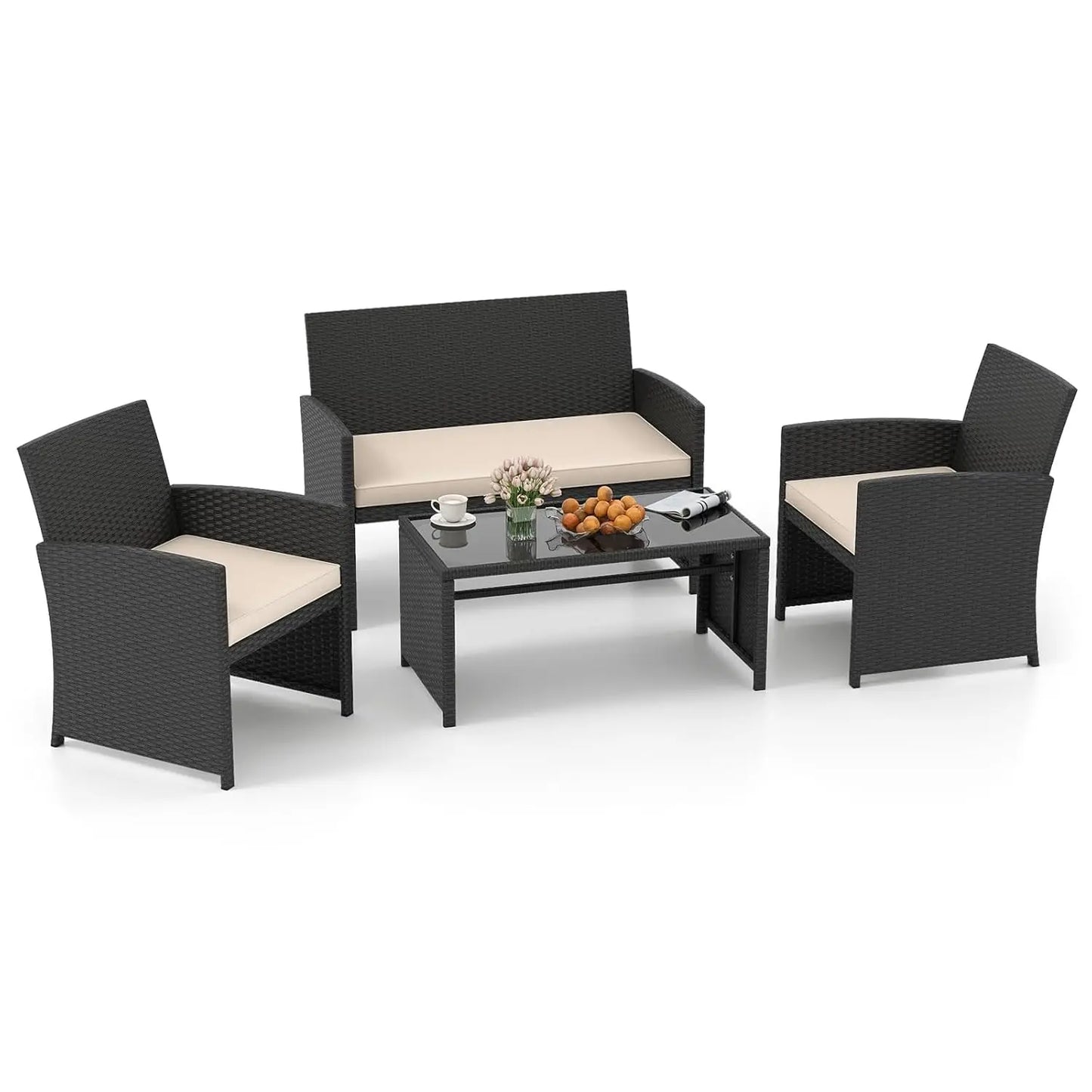 4 Pieces Patio Wicker Furniture Set, Rattan Cushioned Chairs, Loveseat and Tempered Glass Coffee.