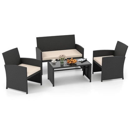 4 Pieces Patio Wicker Furniture Set, Rattan Cushioned Chairs, Loveseat and Tempered Glass Coffee.