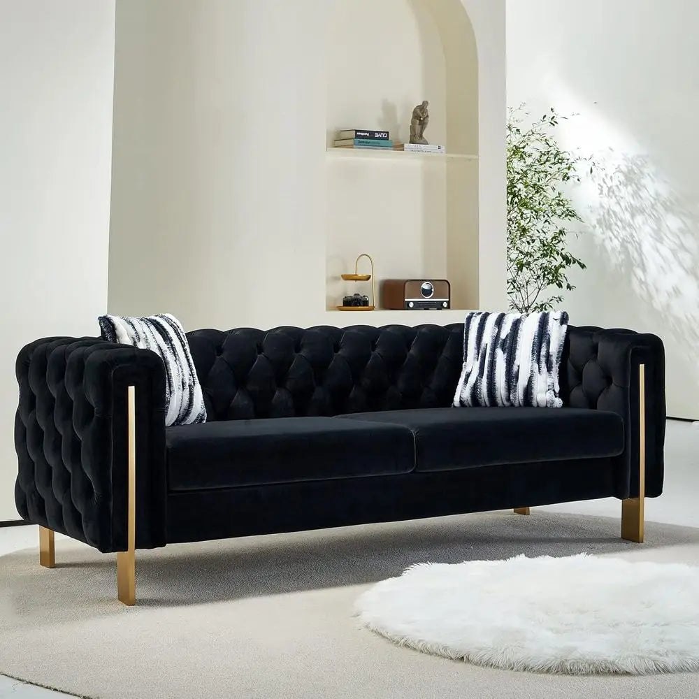 84-Inch High-Arm Upholstered Sofa with 2 Pillows and Metal Legs for Living Spaces in Black