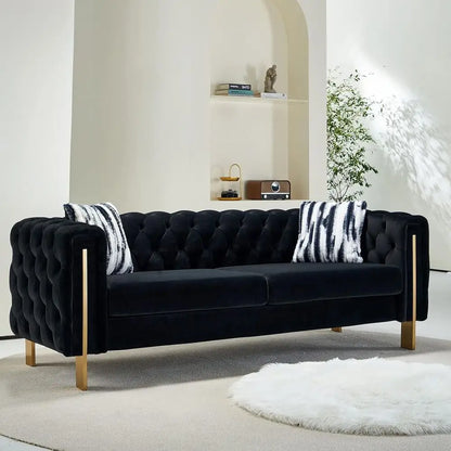 84-Inch High-Arm Upholstered Sofa with 2 Pillows and Metal Legs for Living Spaces in Black