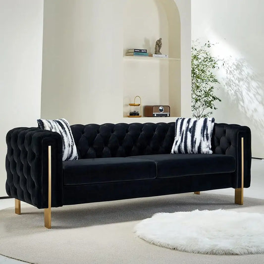 84-Inch High-Arm Upholstered Sofa with 2 Pillows and Metal Legs for Living Spaces in Black