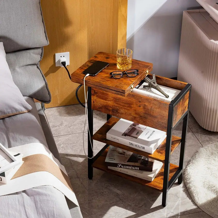 End Table with Charging Station, Flip Top Side Table with USB Ports and Outlets - for Living Room