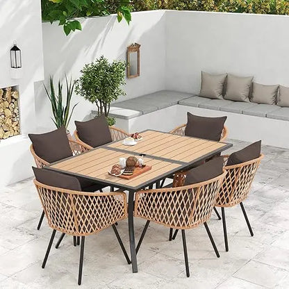 5/7/9-Piece All-Weather Rattan Patio Dining Set with 60" Wood Tabletop & Umbrella Hole.