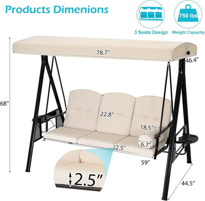 3-Seat Outdoor Porch Swing with Adjustable Canopy Removable, Adult Outdoor Swings for Porch.