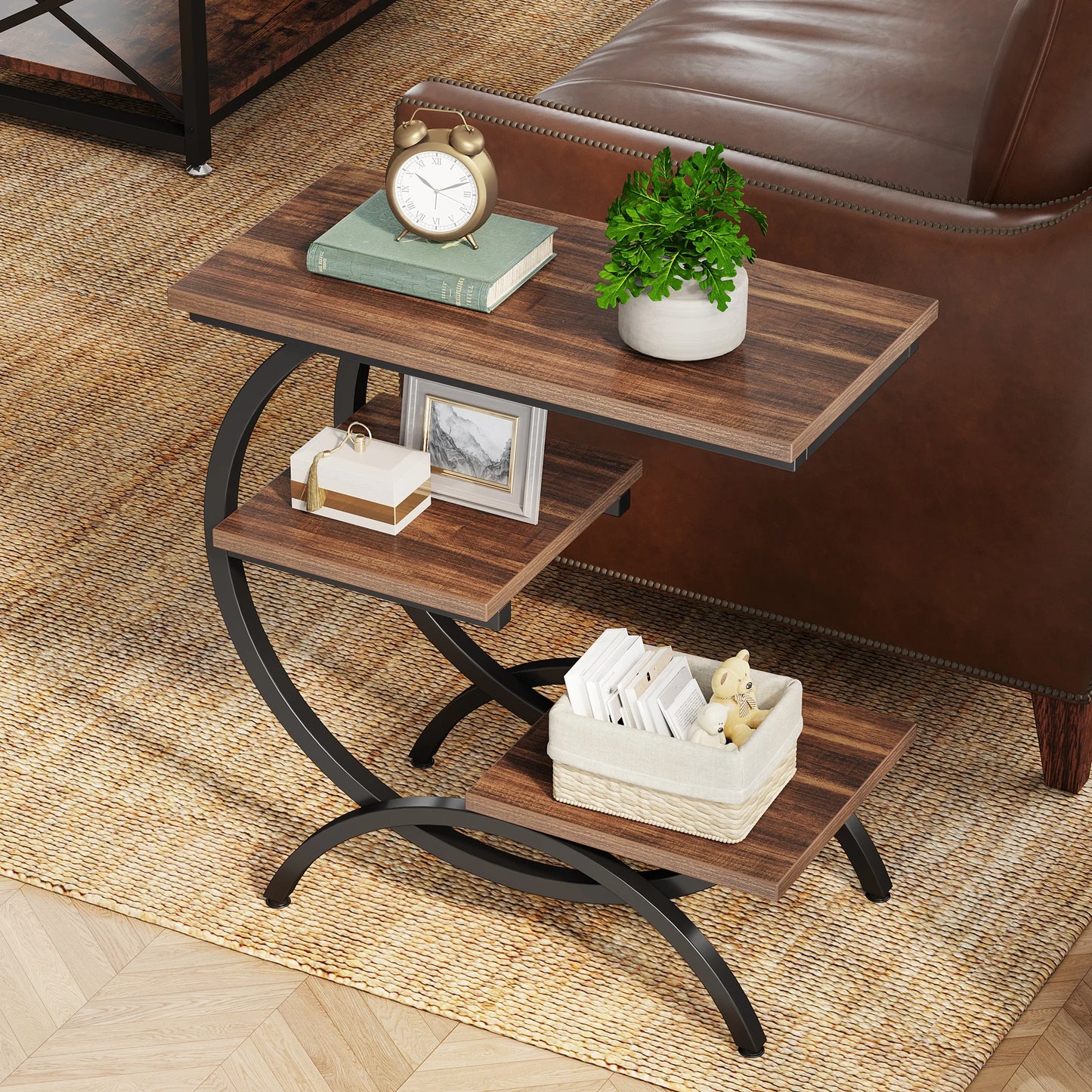 Tribesigns C-Shaped End Table, Industrial 3-Tier Small Table, Wood Bedside Table, with Storage Shelves.