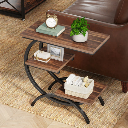Tribesigns C-Shaped End Table, Industrial 3-Tier Small Table, Wood Bedside Table, with Storage Shelves.