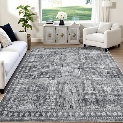 Large Vintage Washable Area Rug for Living Room Floral Print Carpet, Low Pile Foldable.