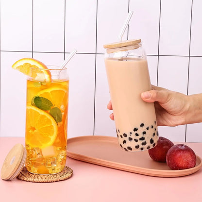 4Pcs 18.6Oz/550Ml Drinking Glasses with Bamboo Lids and Glass Straws, Glass Cups.