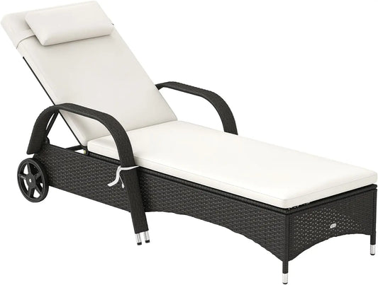 Wicker Outdoor Chaise Lounge with 5-Level Adjustable Backrest, PE Rattan Chair with Wheels.