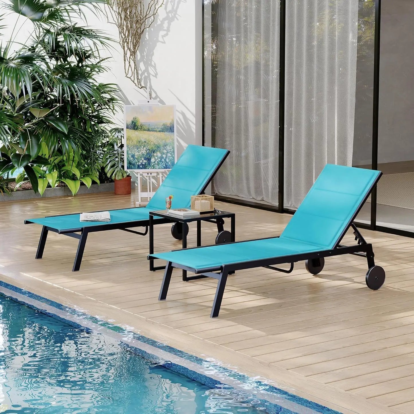 Chaise Lounge Chairs with Side Table, Set of 3 Outdoor with Wheels, 5-Level Backrest.