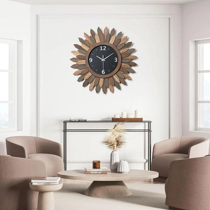 Large Wall Clock Battery Operated 21 in Rustic Wood Boho Sunburst Decorative Wall Clock, Silent.