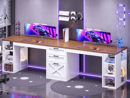 96.5" Computer Desk with Drawers,2 Person Home Office Desk, Double Desk with Storage Shelves.