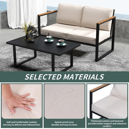 4-Piece Outdoor Patio Set, Metal, Sofa with Washable Cushions, 2 Chairs & Coffee Table