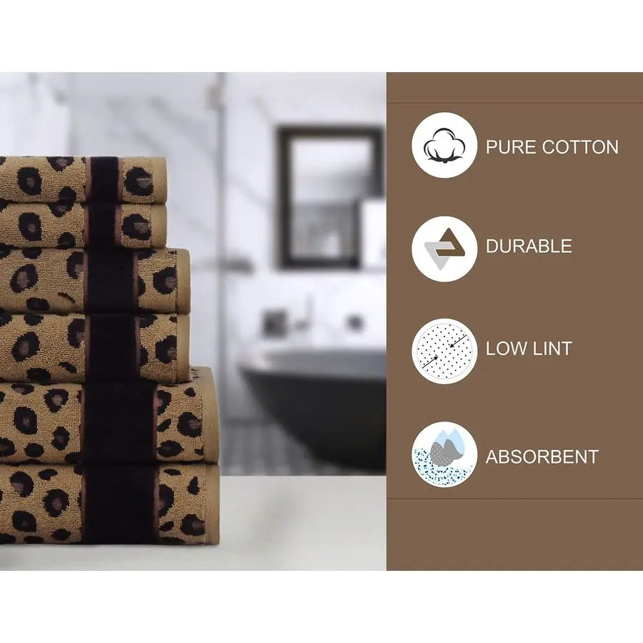 6 Piece Towel Set Animal Print Leopard Cheetah, 100 Cotton Jacquard 2 Bath Towel, 2 Hand Towel, 2 Washcloths.
