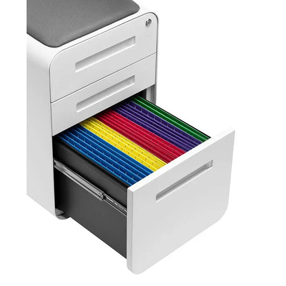 Curve Seated 3Drawer Mobile File Cabinet with Removable Magnetic Cushion Seat Metal Filing Cabinet.