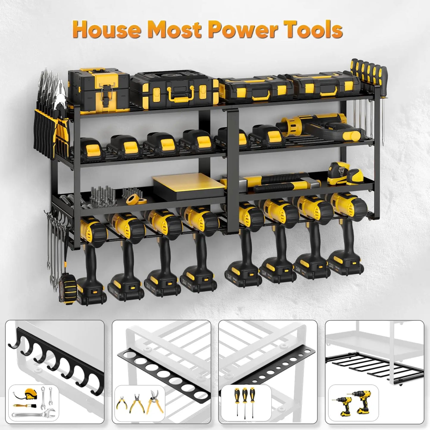 Power Tool Organizer Wall Mount, Extended Large Heavy Duty Drill Holder, 4 Layer Garage and Storage.