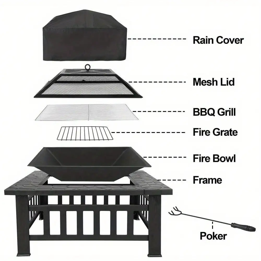 32" Metal Firepit Backyard Patio Garden Decor Square Stove Fire Pit With Cover
