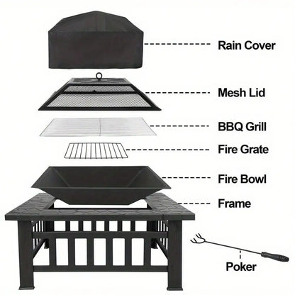32" Metal Firepit Backyard Patio Garden Decor Square Stove Fire Pit With Cover