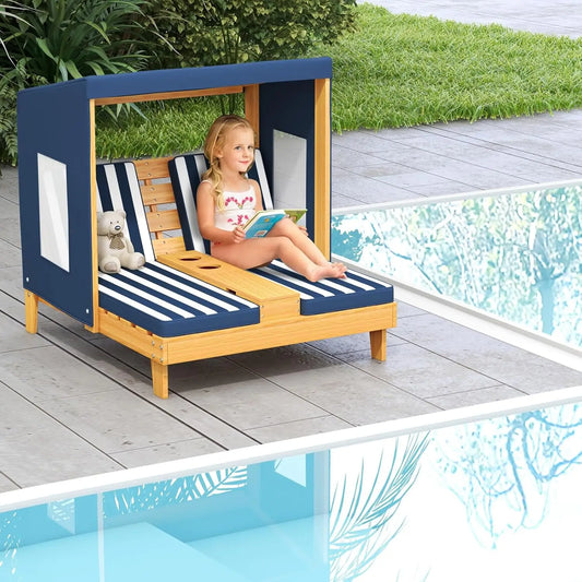 Kids Chaise Lounge Chair Outdoor, Wood Double Pool Lounger Chairs w/Canopy, Cup Holder.