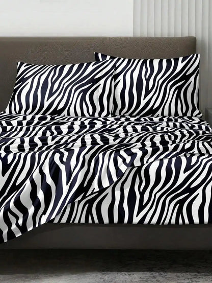 4PCS Zebra Print Bedding Set - Microfiber Sheet Set with Deep Pocket Fitted Sheet