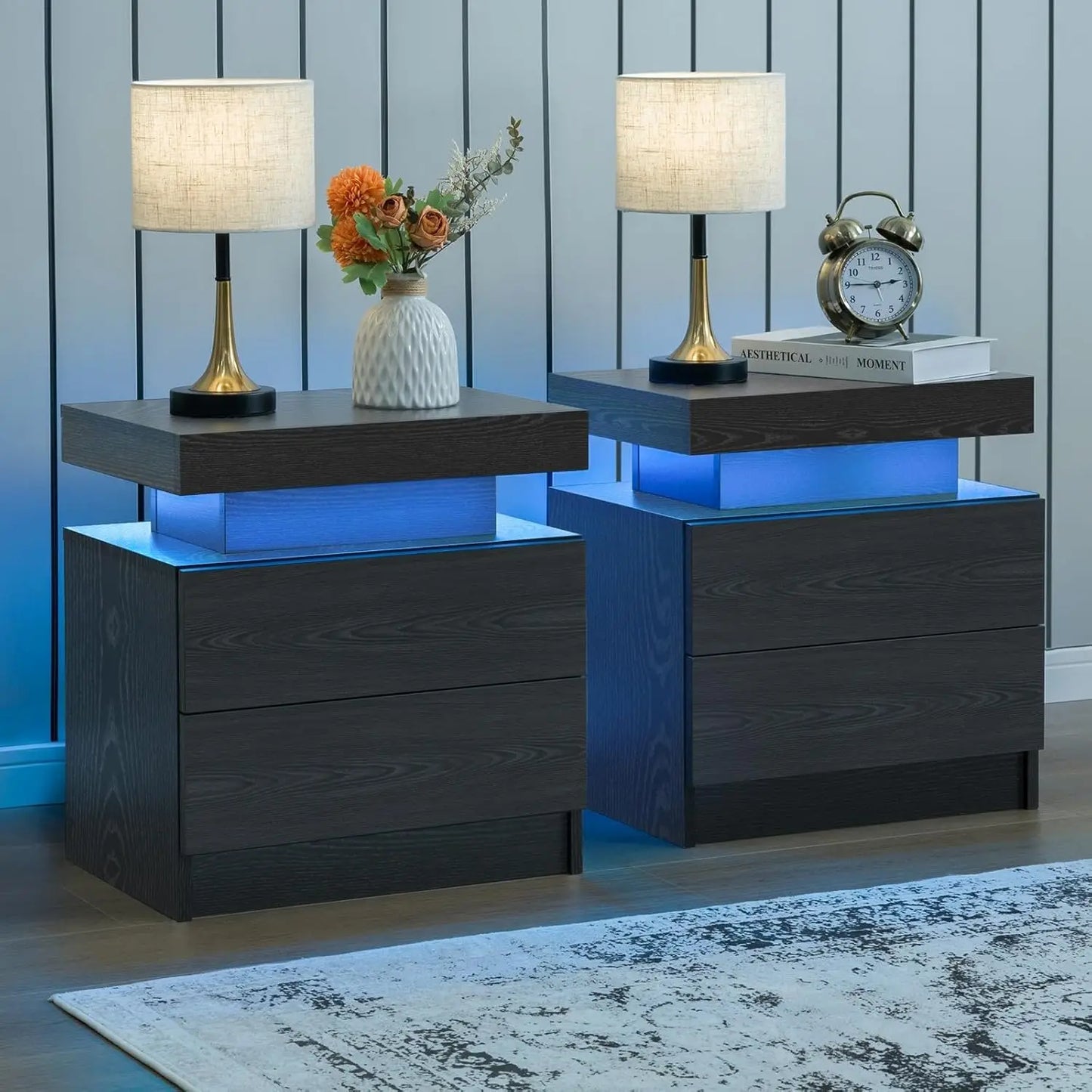 Nightstand Set of 2 LED Nightstand with 2 Drawer, Bedside Table, Customized.