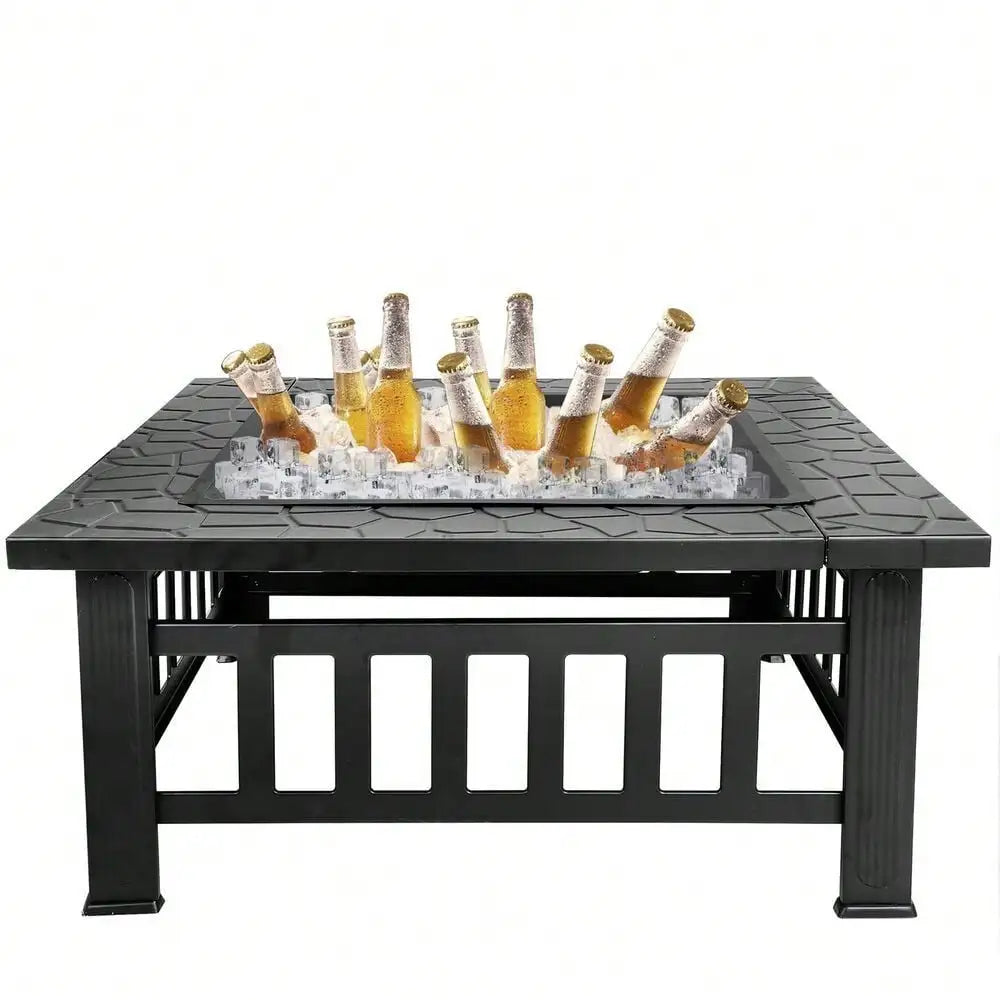 32" Metal Firepit Backyard Patio Garden Decor Square Stove Fire Pit With Cover