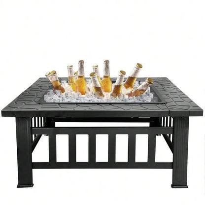 32" Metal Firepit Backyard Patio Garden Decor Square Stove Fire Pit With Cover