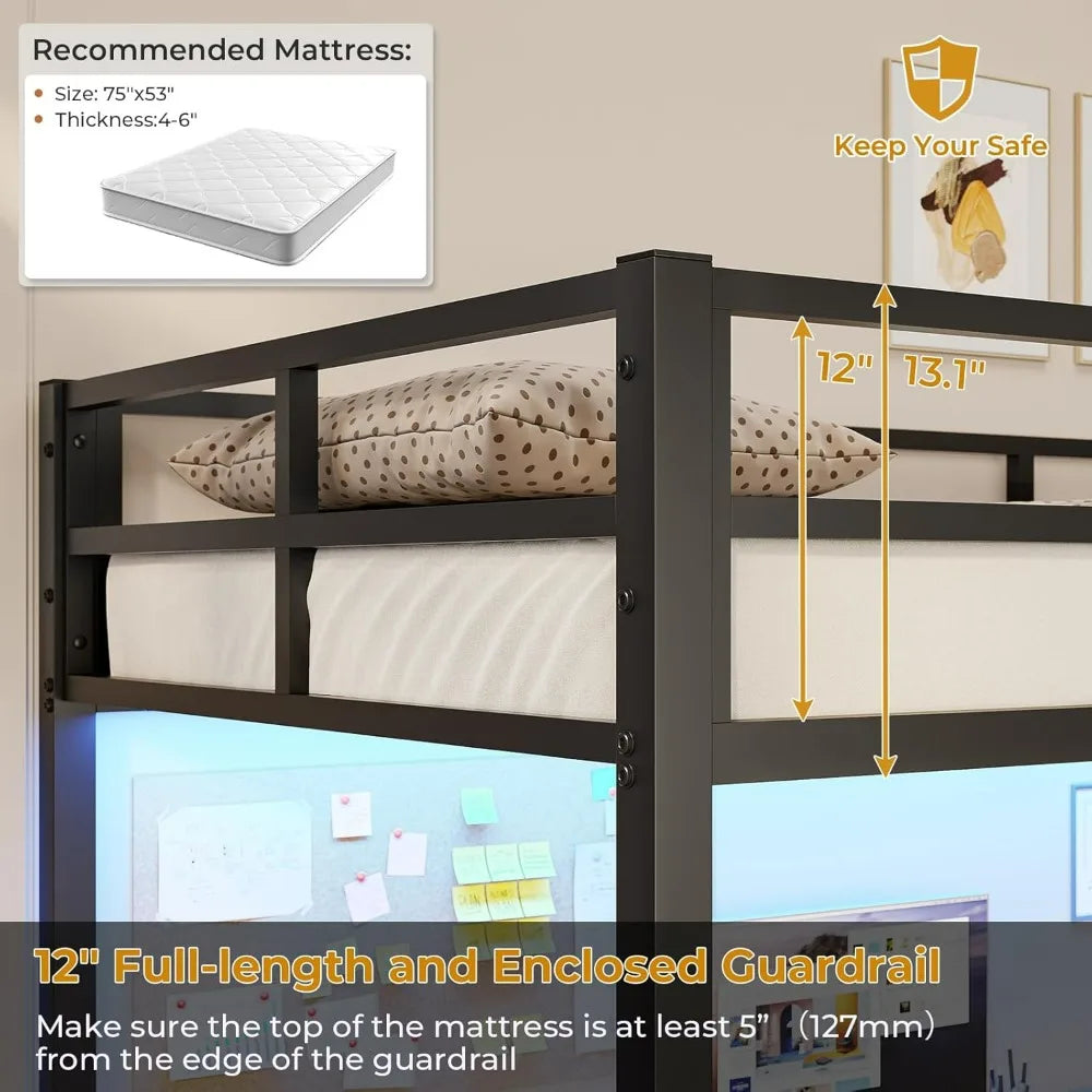 Full Metal Loft Bed with Desk, LED Lights, and Charging Station - Safe and Durable Full Size Bed Frame