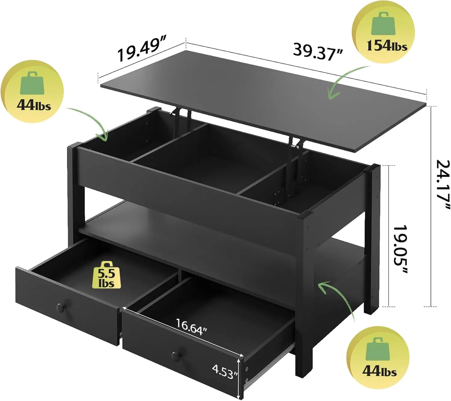 Lift Top Coffee Table with 2 Drawers, Large Storage and Open Shelf for Living Room in Black
