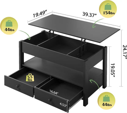 Lift Top Coffee Table with 2 Drawers, Large Storage and Open Shelf for Living Room in Black