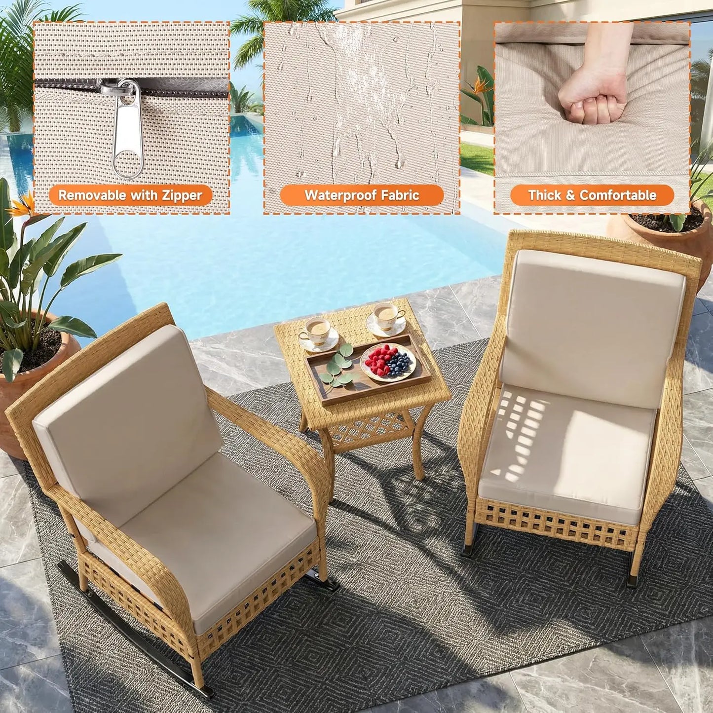 Outdoor Rocking Chair, 3 Pieces Wicker Rocking Bistro Set with Rattan Table.