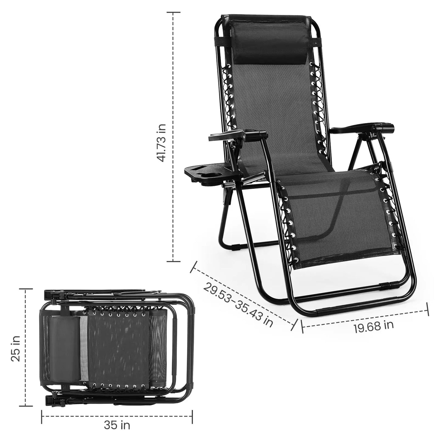 Zero Gravity Set of 2 Portable Recliner, Patio Outdoor Lounge Chair with Cup Holder, Adjustable Pillow.
