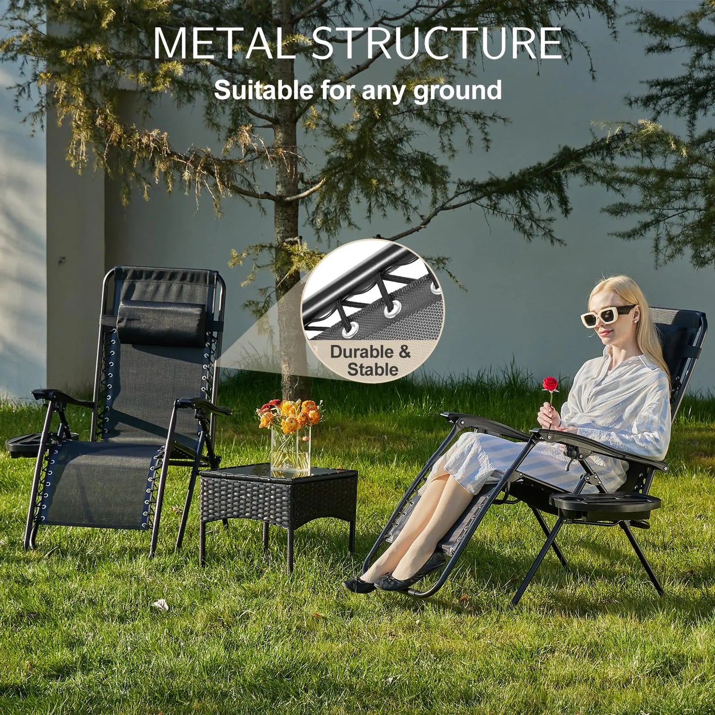 Zero Gravity Set of 2 Portable Recliner, Patio Outdoor Lounge Chair with Cup Holder, Adjustable Pillow.