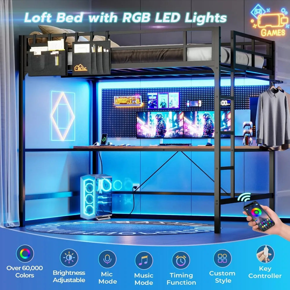 Full Metal Loft Bed with Desk, LED Lights, and Charging Station - Safe and Durable Full Size Bed Frame