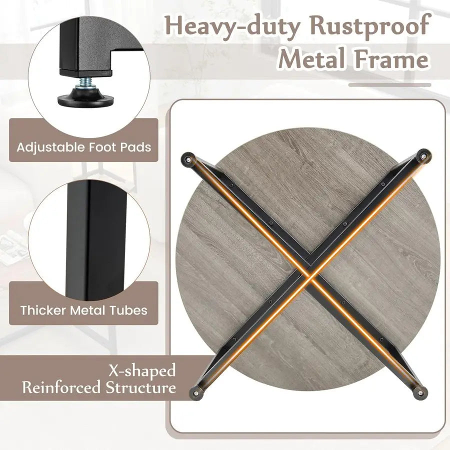 Coffee Table Set of 3, Wood Grain Round Coffee Table and 2 Square End Side Tables, Metal Frame, 3Piece Living Room