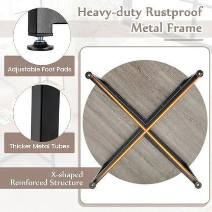 Coffee Table Set of 3, Wood Grain Round Coffee Table and 2 Square End Side Tables, Metal Frame, 3Piece Living Room