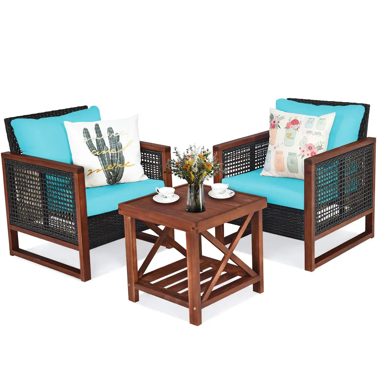 3 Pieces Patio Wicker Furniture Set, Rattan Outdoor Sofa Set w/Washable Cushion & Acacia Wood Coffee Table.
