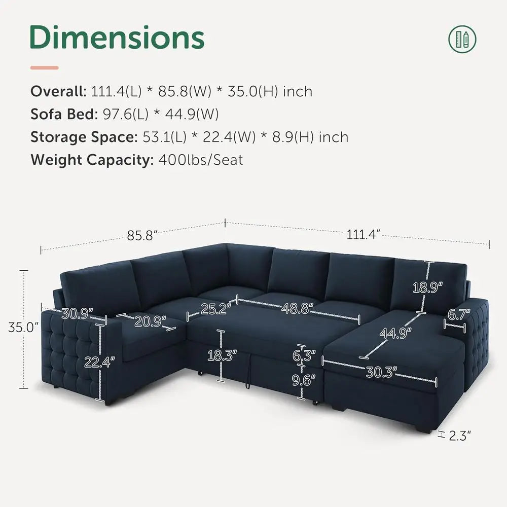 U-Shaped Sectional Sleeper Sofa with Pull-Out Bed, Storage, and Chaise Lounge, Velvet Blue, 6-Seat Living Room