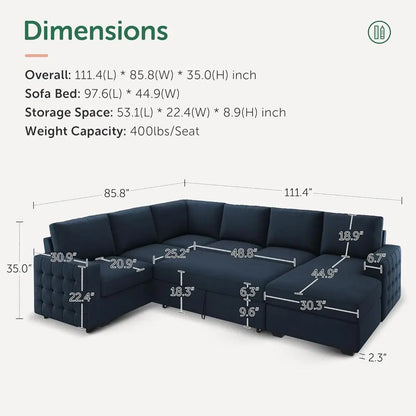 U-Shaped Sectional Sleeper Sofa with Pull-Out Bed, Storage, and Chaise Lounge, Velvet Blue, 6-Seat Living Room
