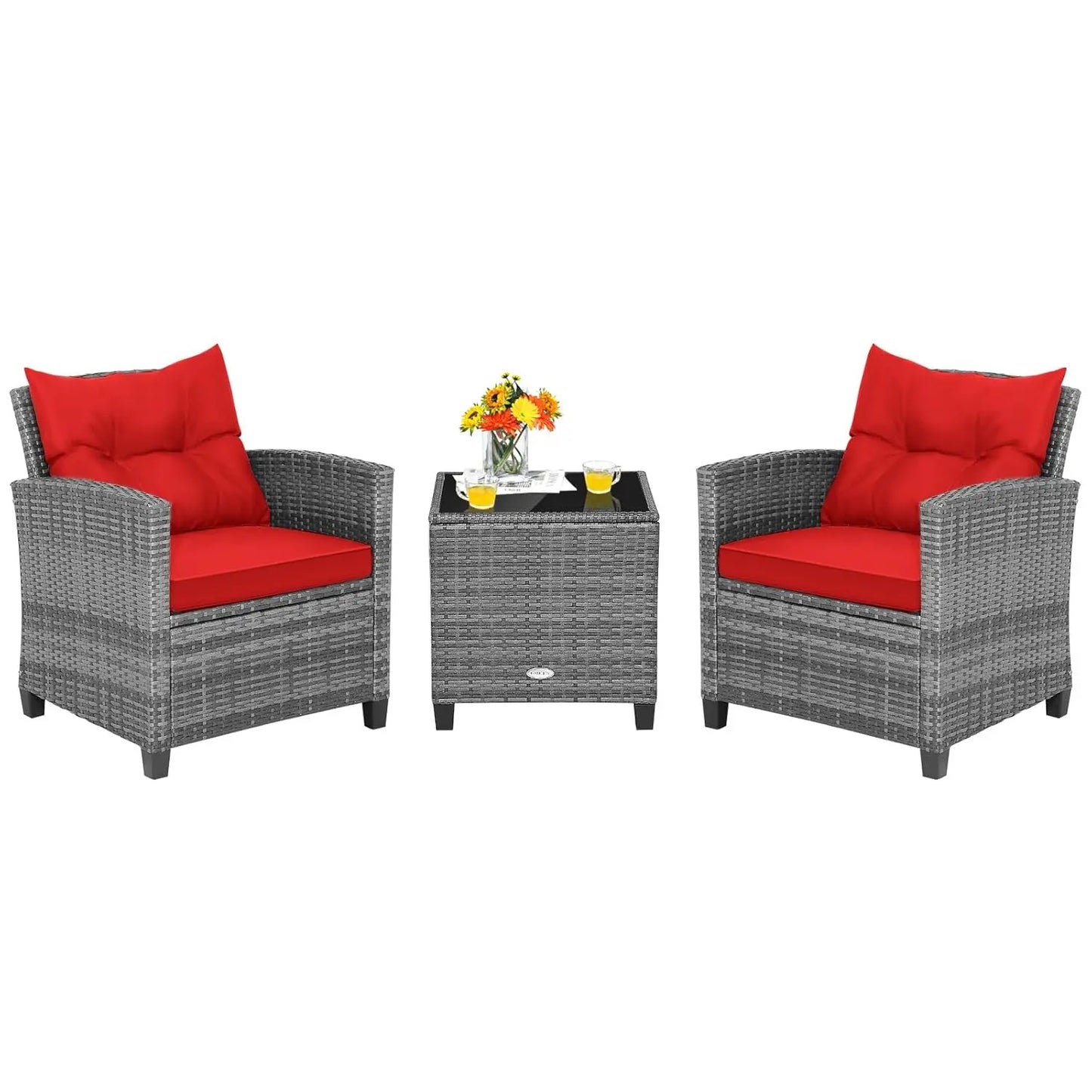 3 Pieces Patio Furniture Set, PE Rattan Wicker Outdoor Sofa Set w/Washable Cushion and Tempered Glass.
