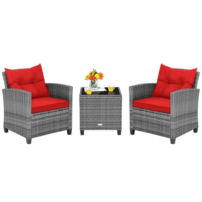 3 Pieces Patio Furniture Set, PE Rattan Wicker Outdoor Sofa Set w/Washable Cushion and Tempered Glass.