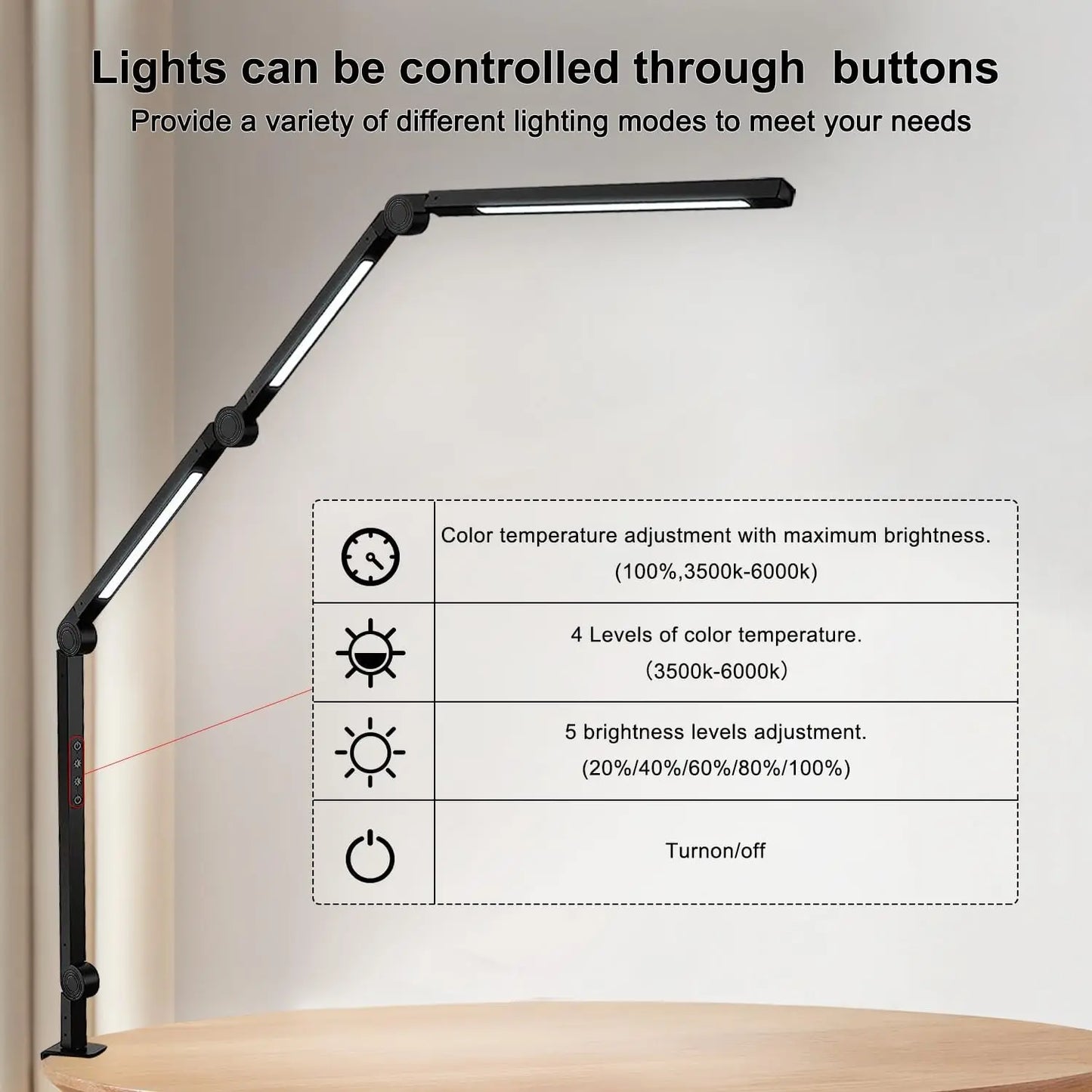 LED Desk Lamp with Clamp Flexible 4 sections Swing Arm Three light sources.