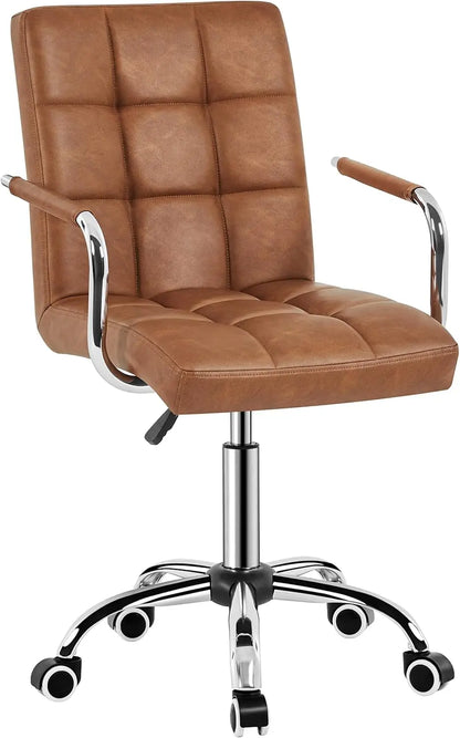 White Desk Chairs with Wheels/Armrests Modern PU Leather Office Chair Midback Adjustable Home Executive Chair 360°