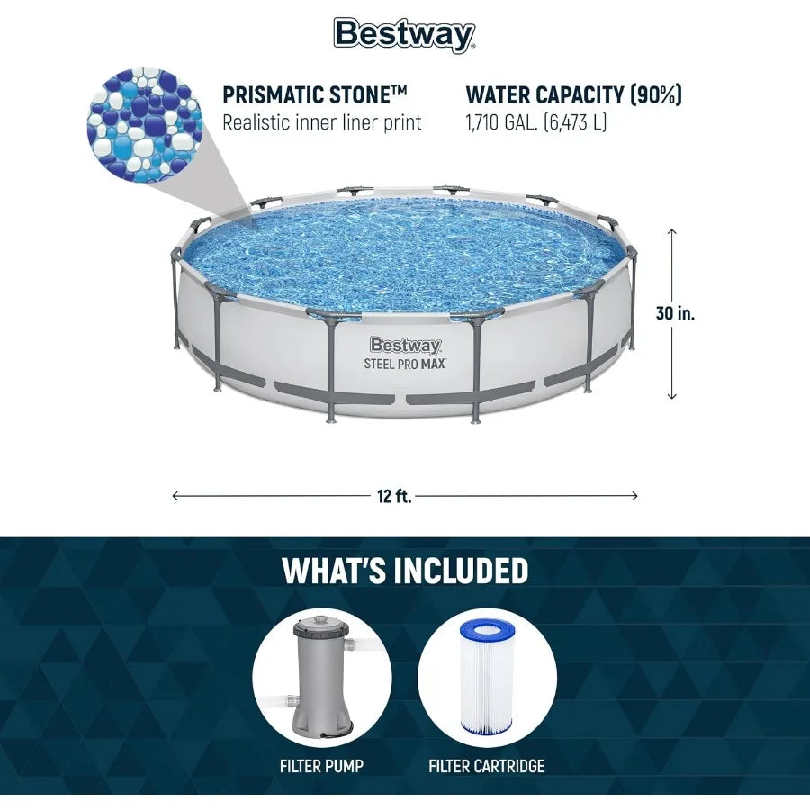12 Foot by 30 Inch Round Above Ground Swimming Pool Set Outdoor Metal Frame with Filter Pump.