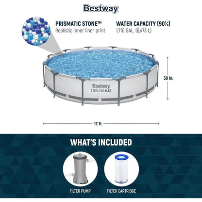 12 Foot by 30 Inch Round Above Ground Swimming Pool Set Outdoor Metal Frame with Filter Pump.