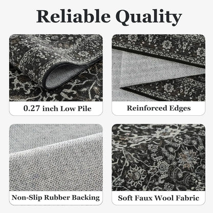 Vintage Charcoal Black Area Rug 6x9, Washable Non-Slip Low Pile Carpet for Living Room Bedroom.