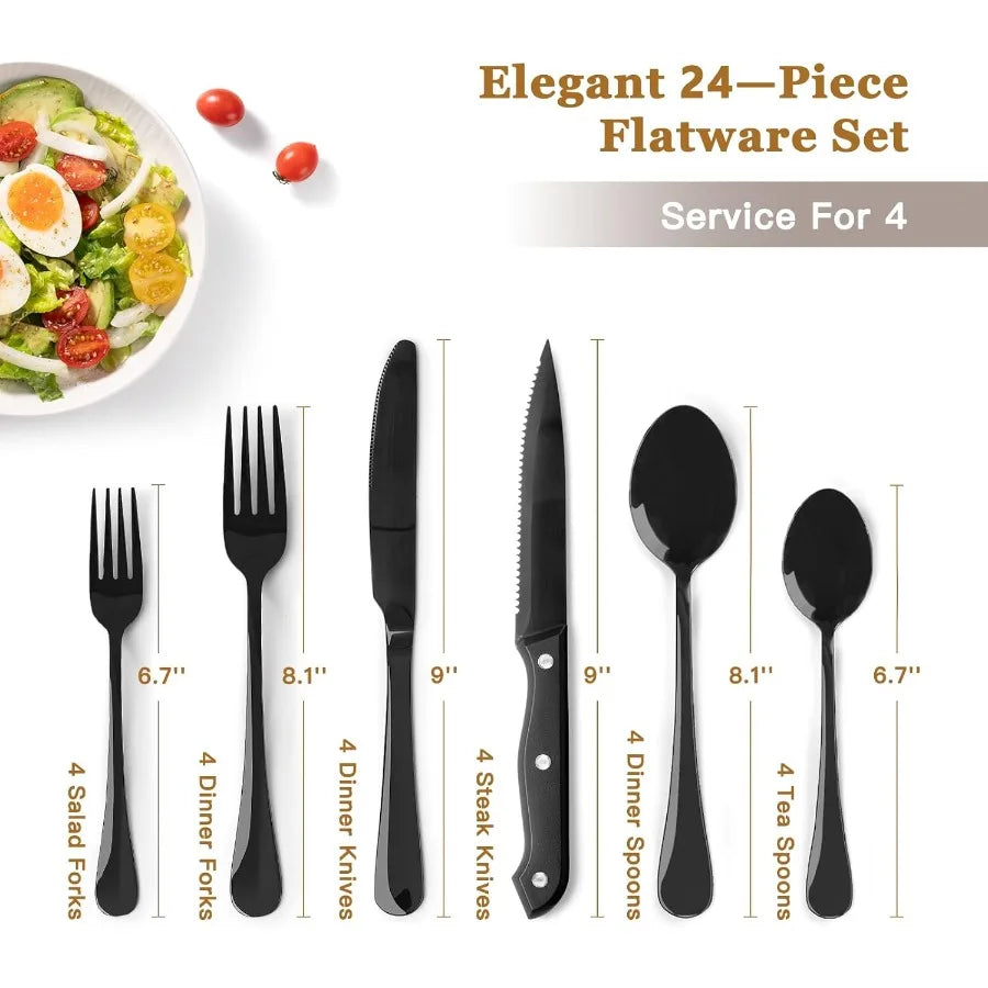 24Piece Black Silverware Set with Steak Knives, Stainless Steel Cutlery Set Mirror Polished Utensils.