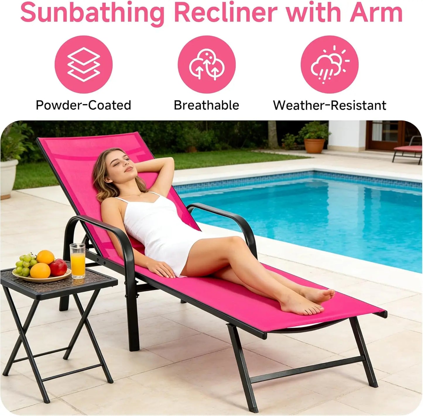 Adjustable Outdoor Chaise Lounge Chair with Armrests, 5 Positions, Metal Frame for Patio Poolside.
