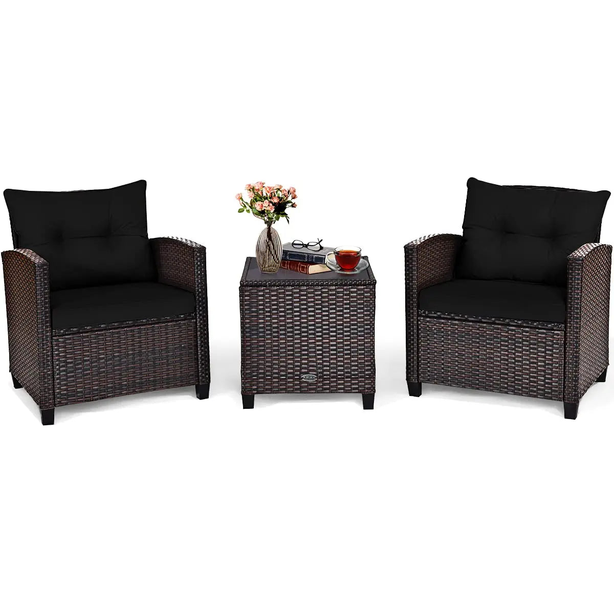 3 Pieces Patio Furniture Set, PE Rattan Wicker Outdoor Sofa Set w/Washable Cushion and Tempered Glass.