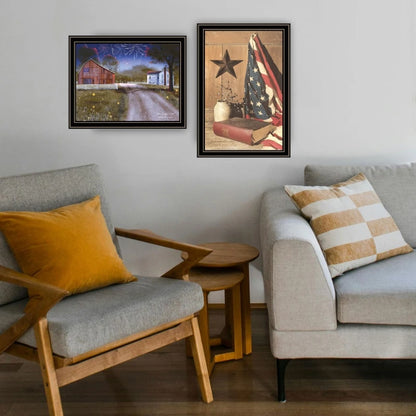 Trendy Decor 4U 2- Piece Vignette Star Spangled Night, God & Country Black Framed Wall Art.